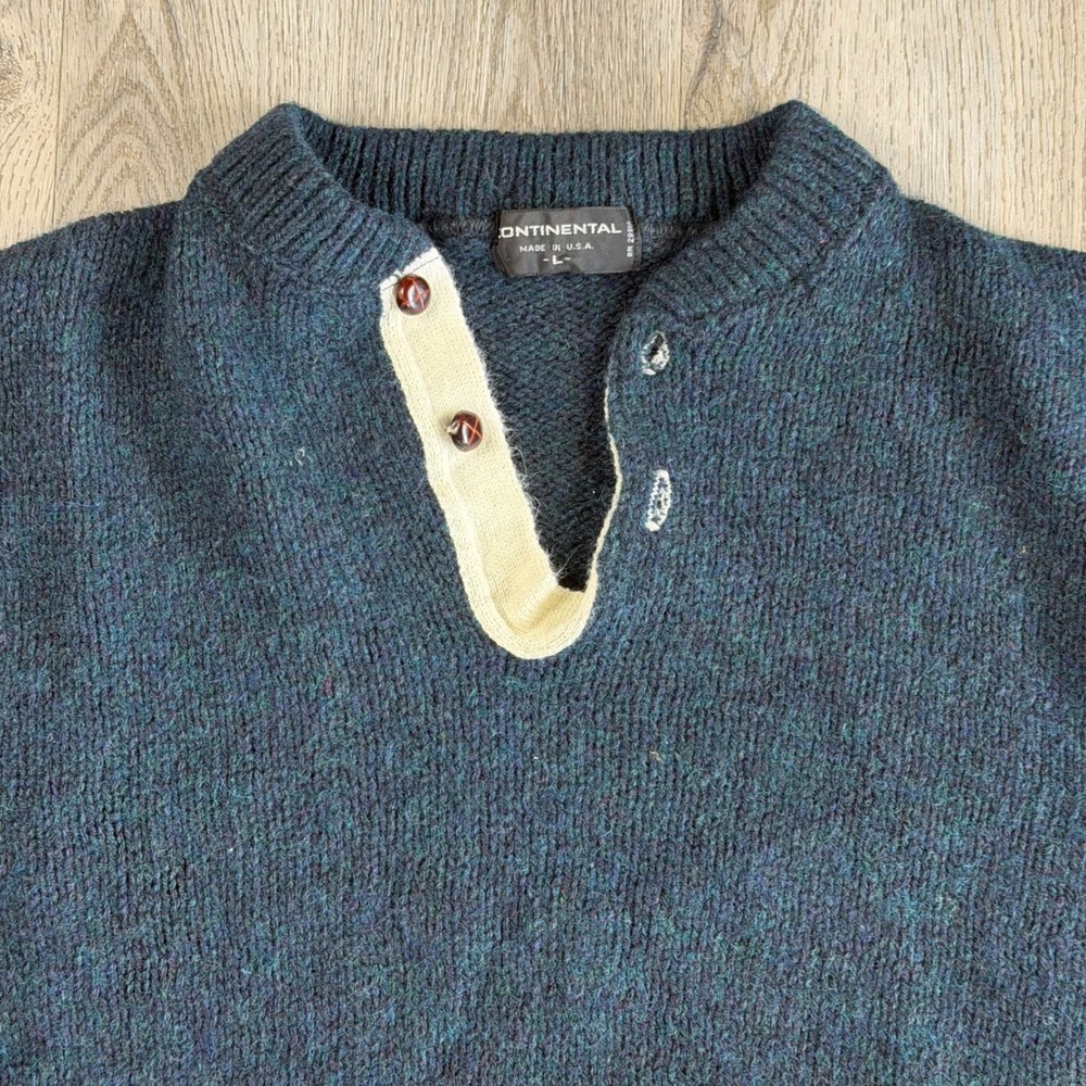Vintage Continental Mens Large Henley Sweater Blue Teal Marled Wool Blend USA